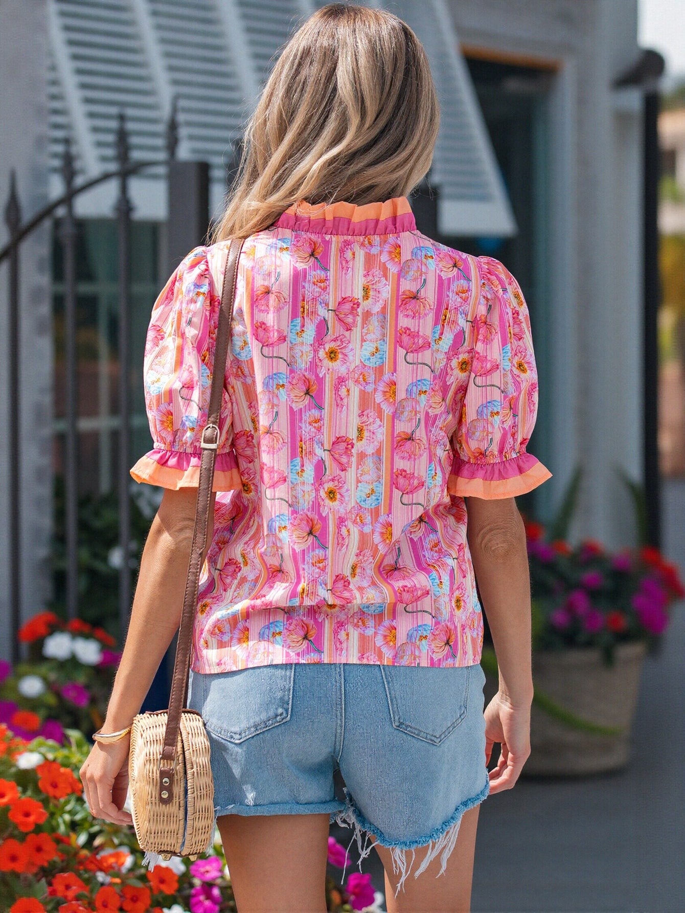 Floral Ruffle Trim Chiffon Blouse