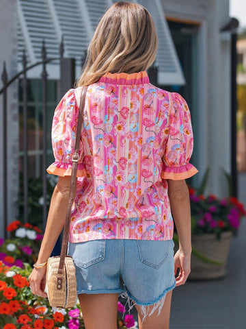 Floral Ruffle Trim Chiffon Blouse