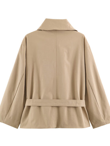 Oversized Belted Beige Cotton Jacket