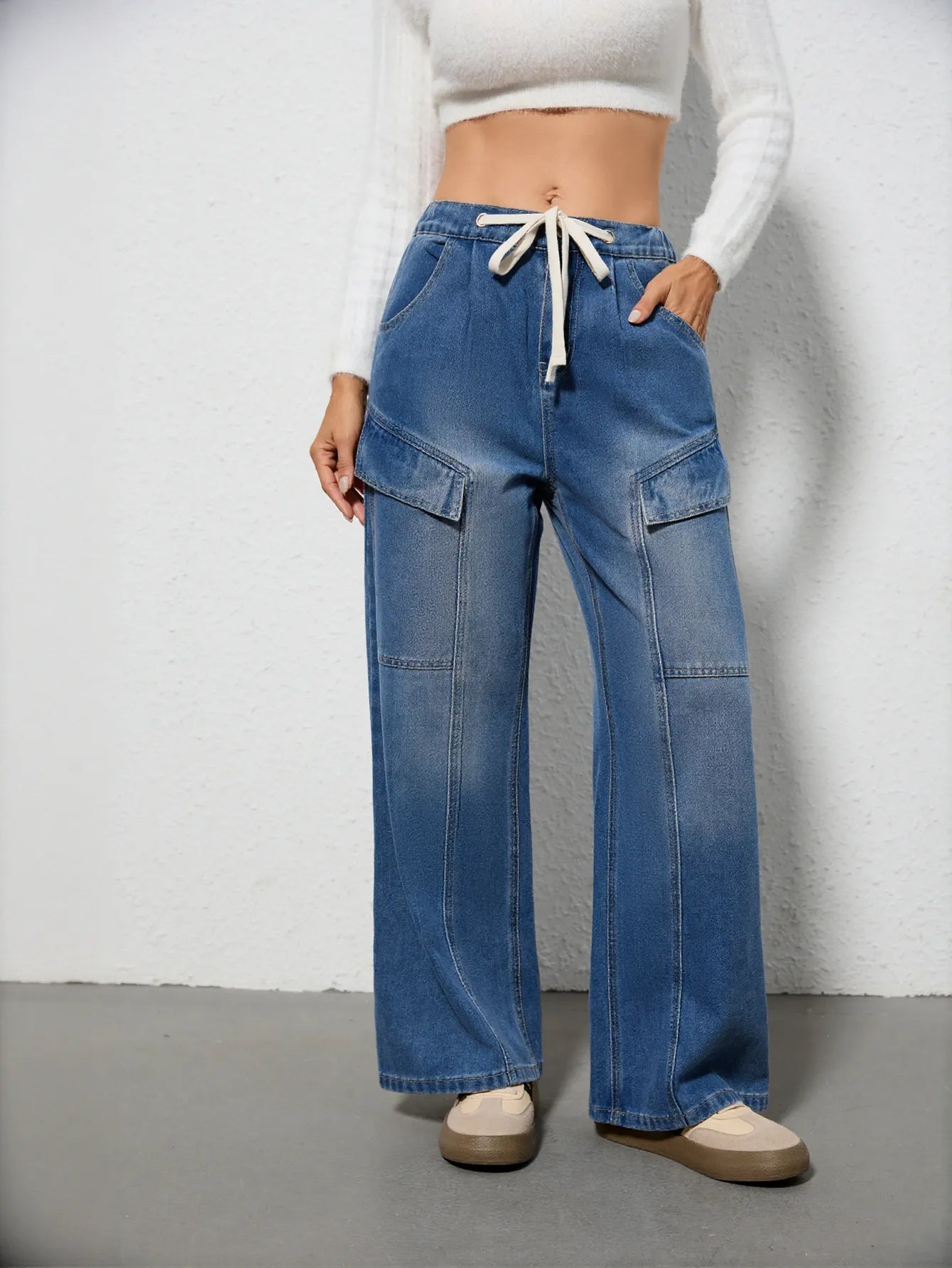 Drawstring Cargo Wide Leg Jeans
