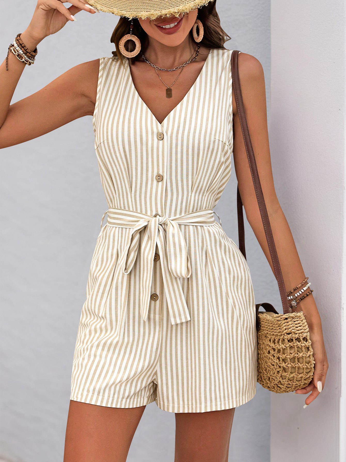 V Neck Striped Pattern Romper