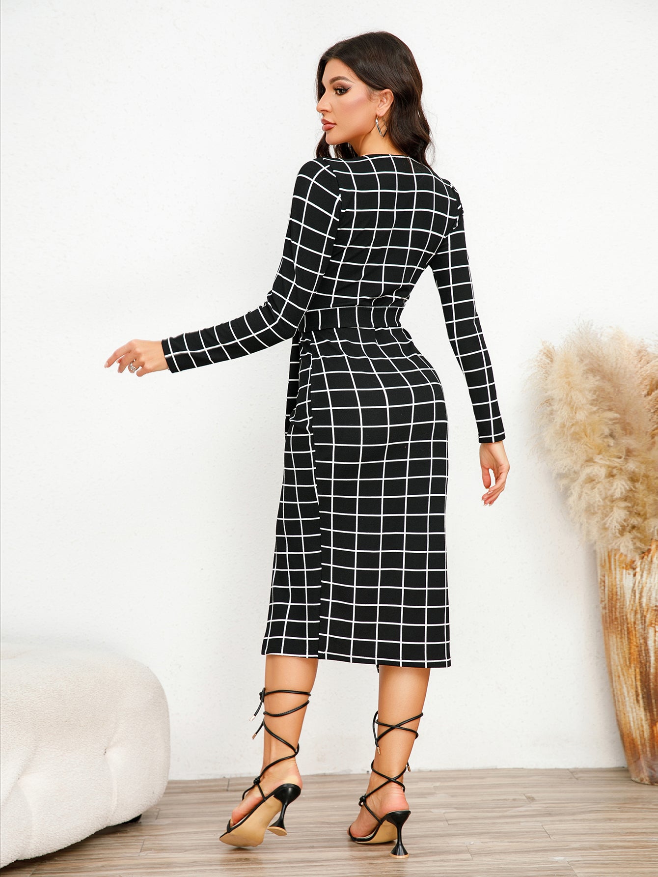 Wrap Gingham High-Slit Date Night Midi Dress-Black