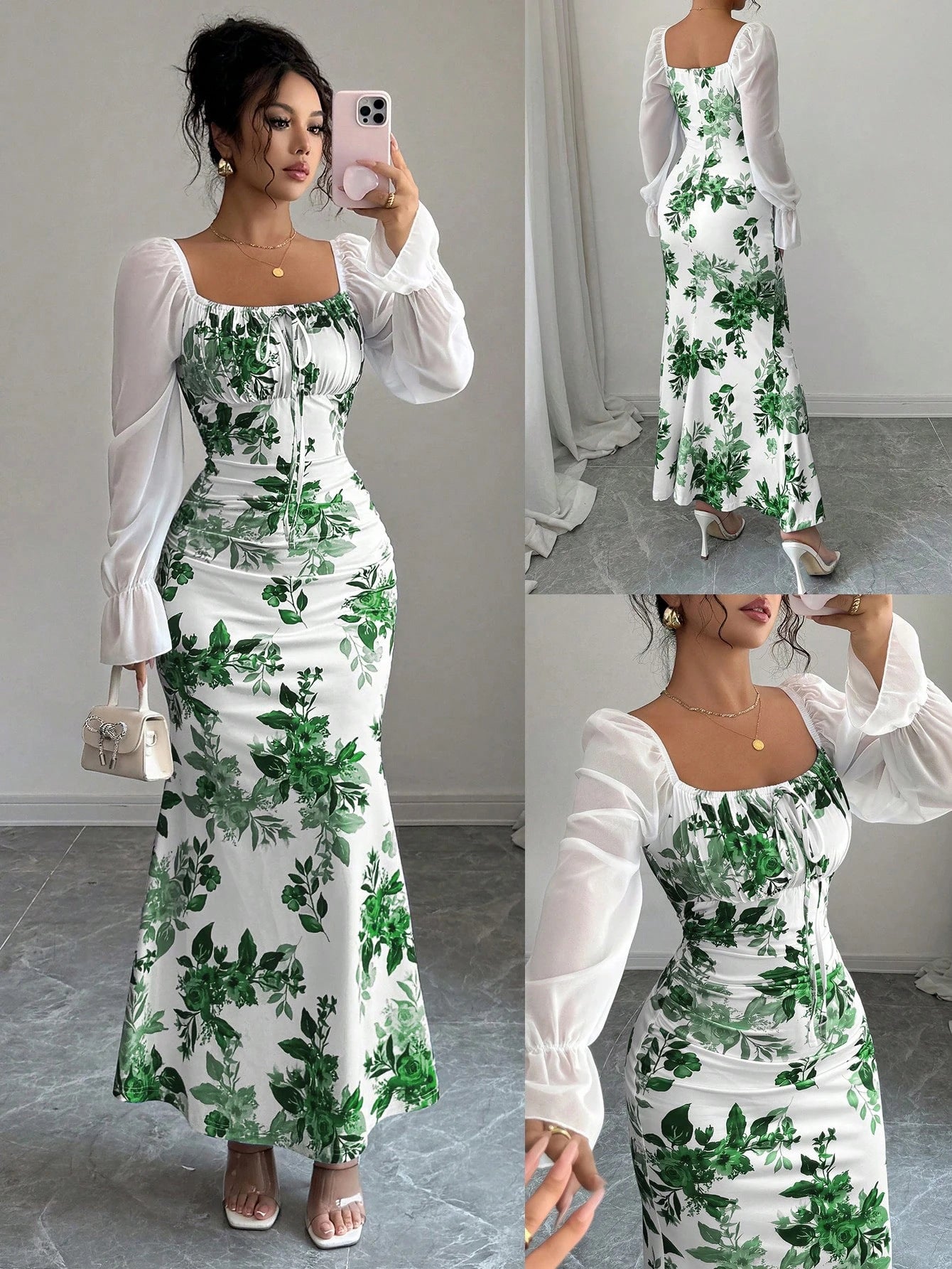 Floral Print Sheer Sleeve Maxi Dress