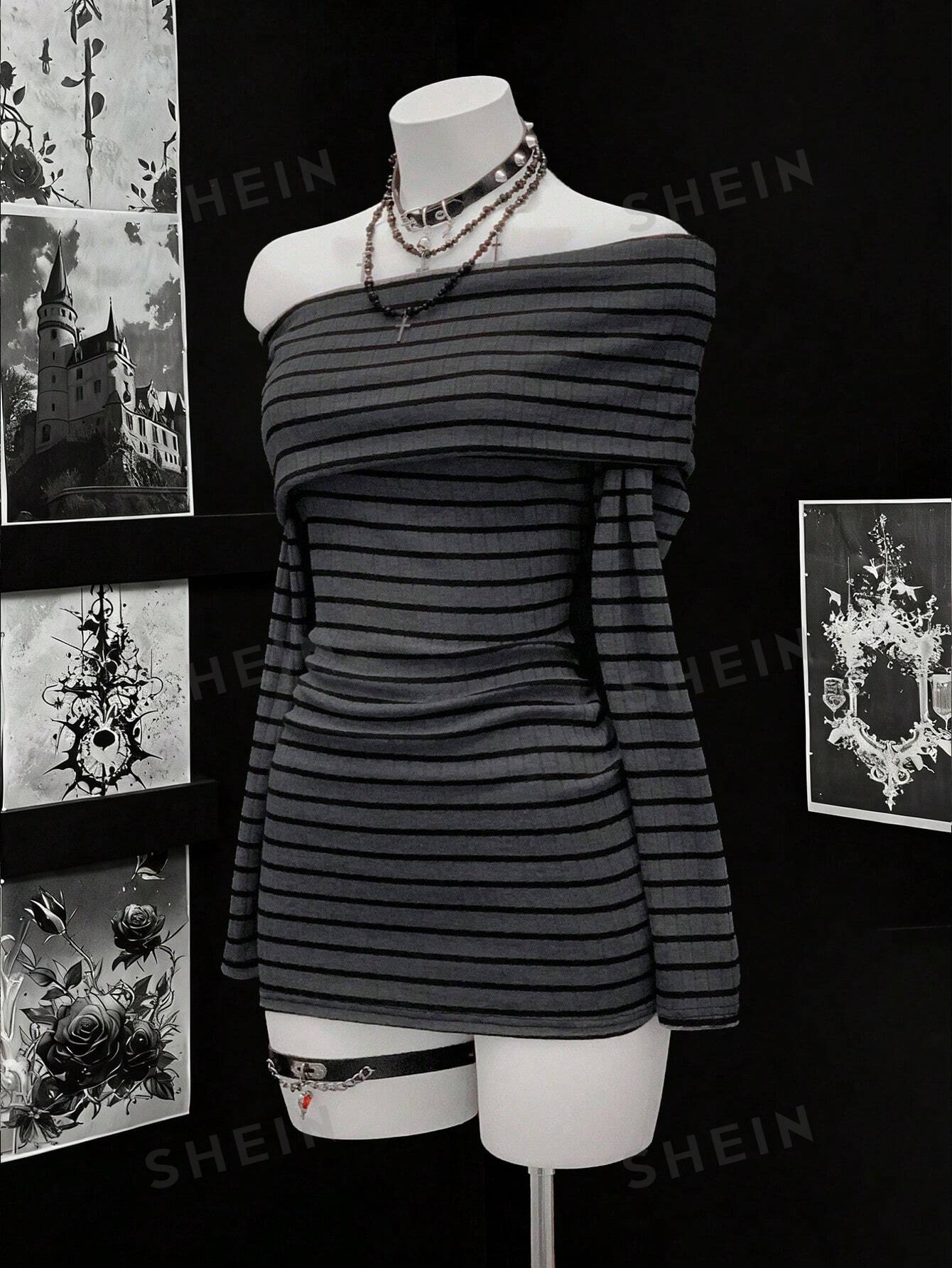 Off Shoulder Striped Ribbed Mini Dress