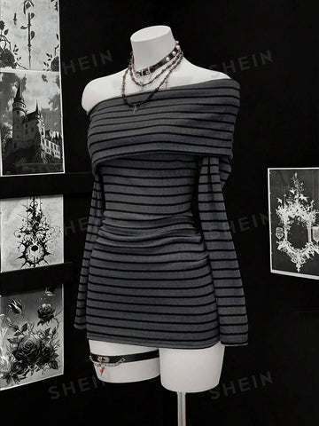 Off Shoulder Striped Ribbed Mini Dress