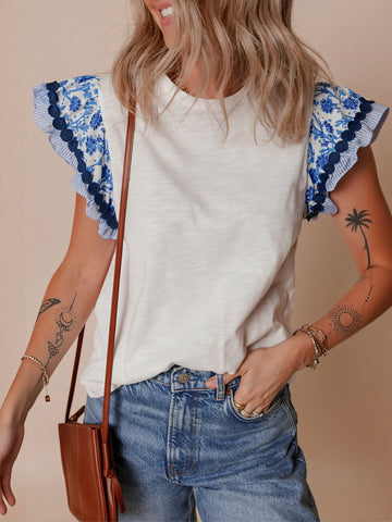 Embroidered Flutter Sleeve Cotton T-Shirt