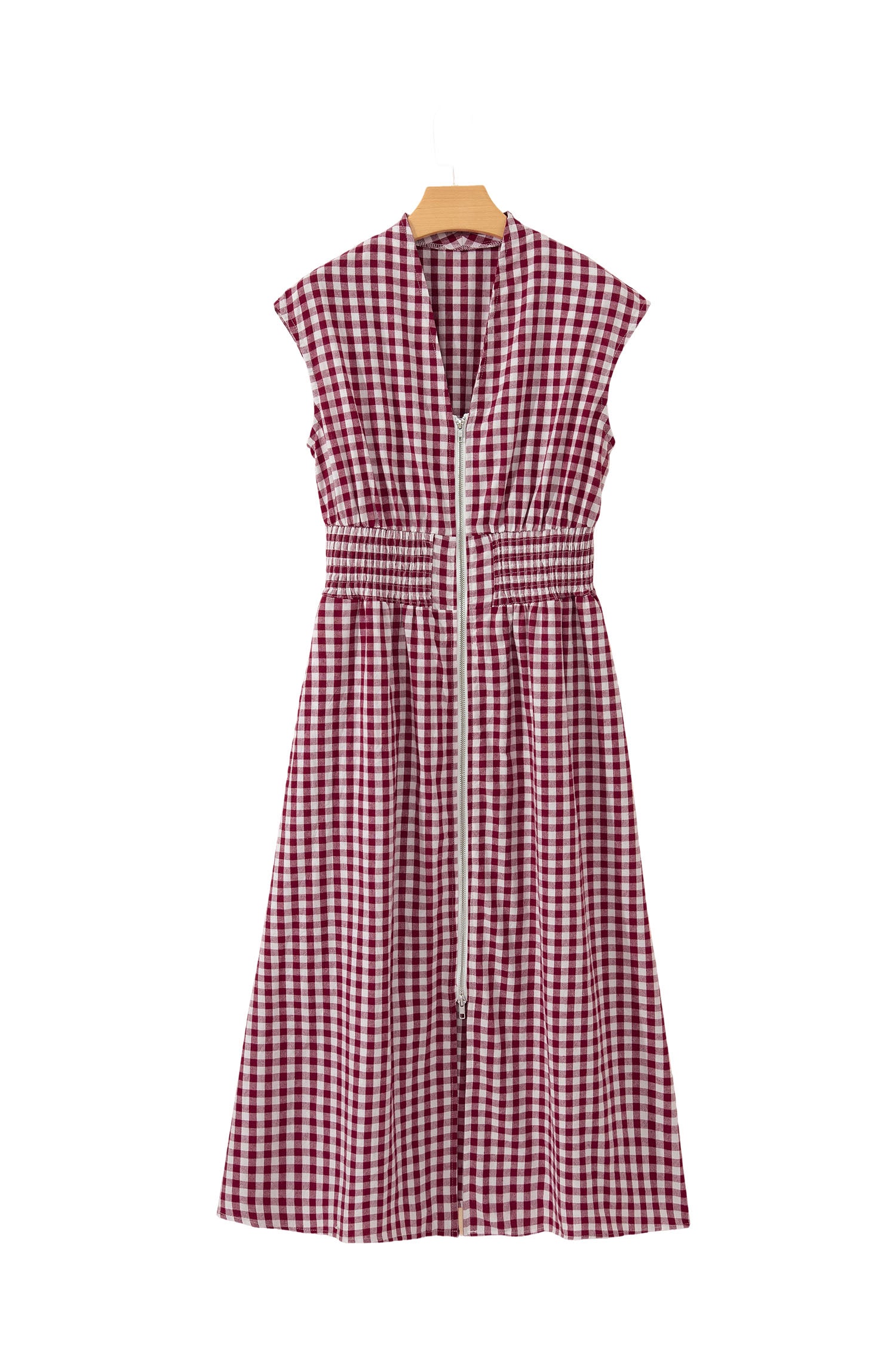 Check Pattern Front Zipper Midi Dress