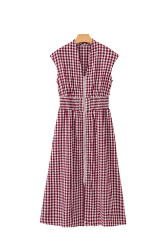 Check Pattern Front Zipper Midi Dress