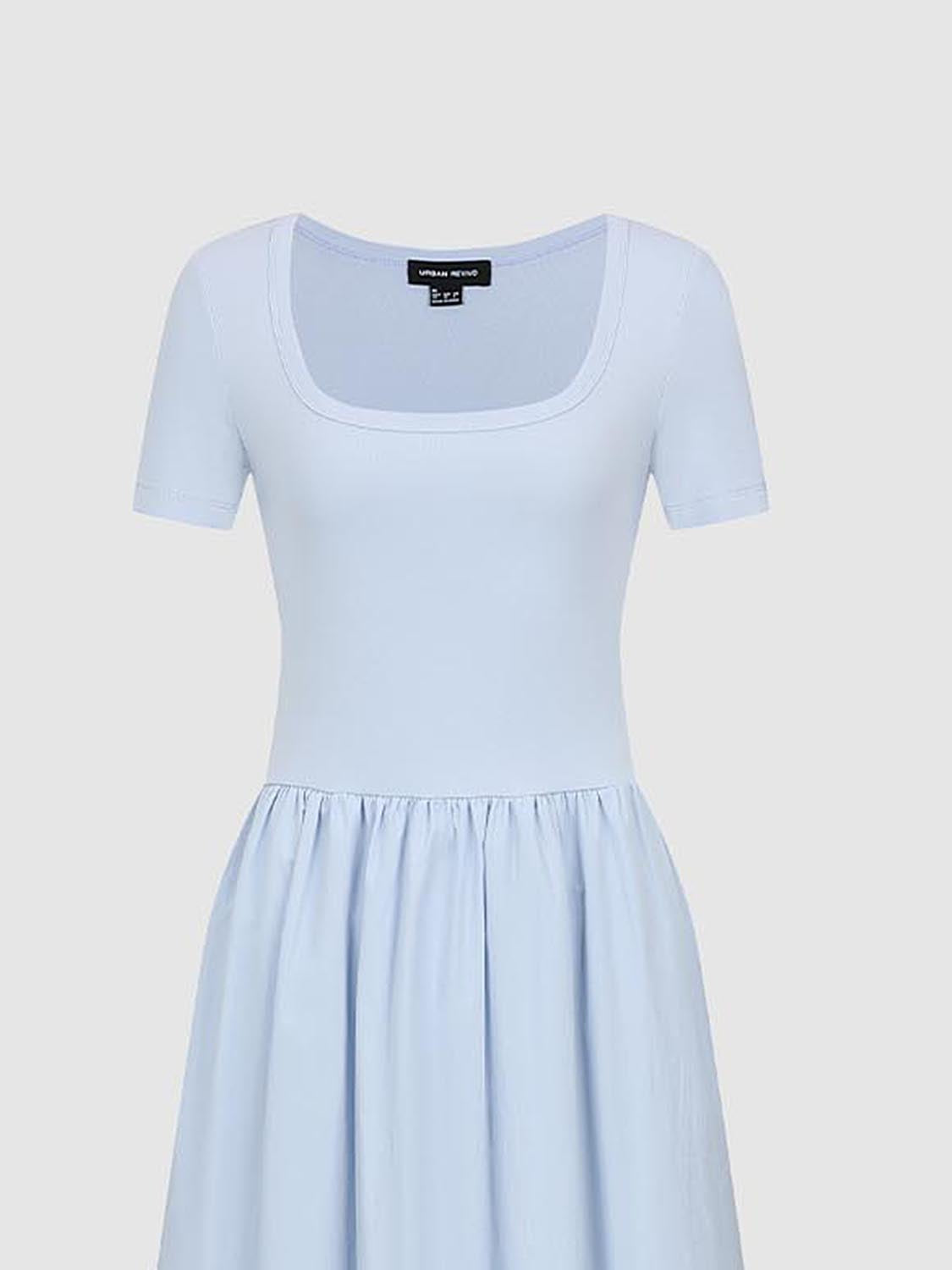 Urban Revivo Square Neck A-Line Midi Dresses-Medium Blue