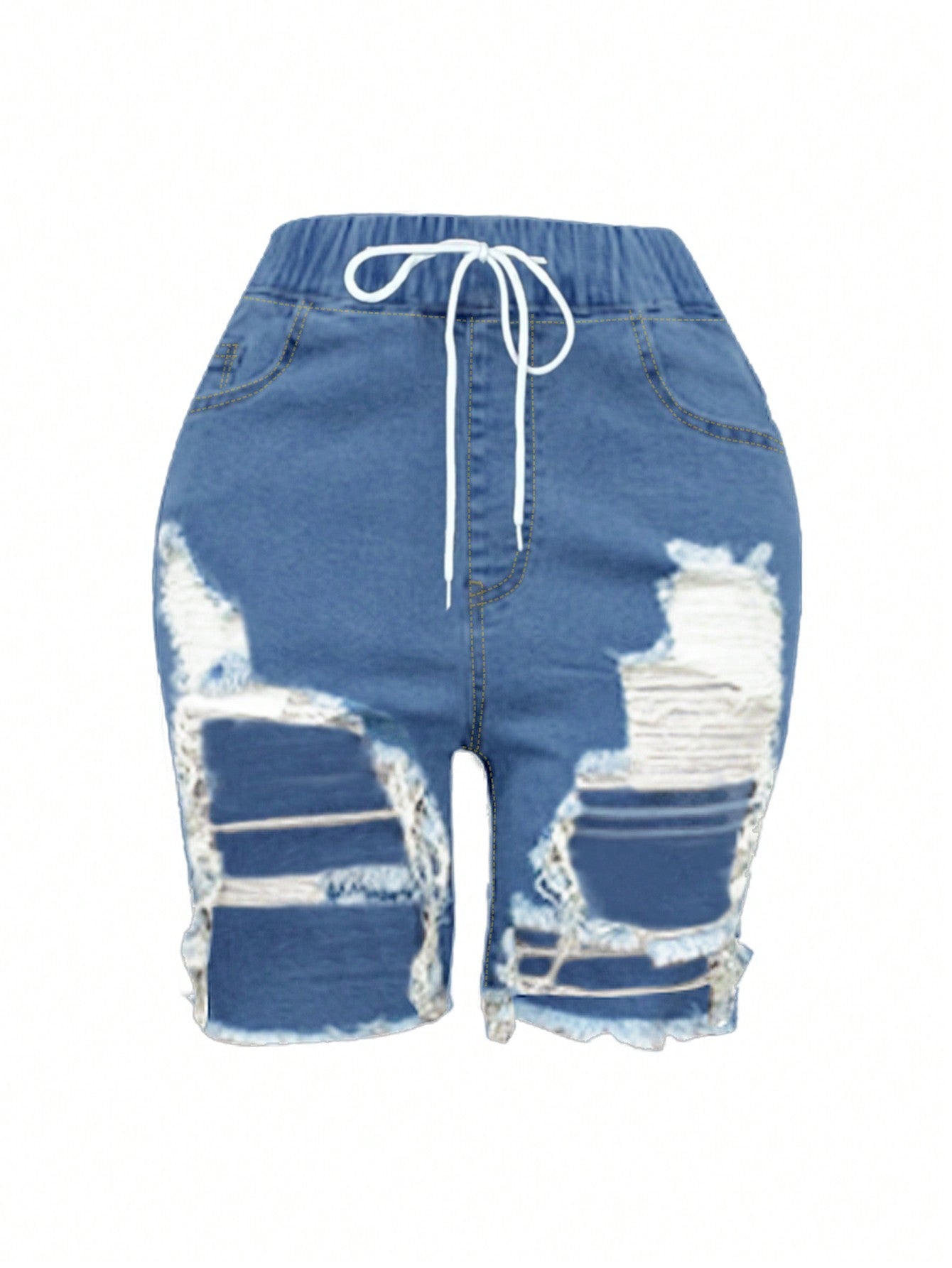 Drawstring-Waist Ripped Casual Denim Shorts-Black