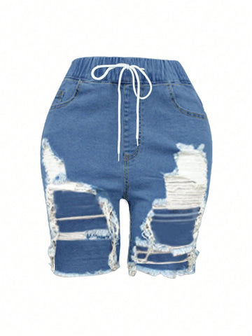 Drawstring-Waist Ripped Casual Denim Shorts-Black