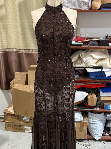 Sequined Halter Mermaid Evening Dress