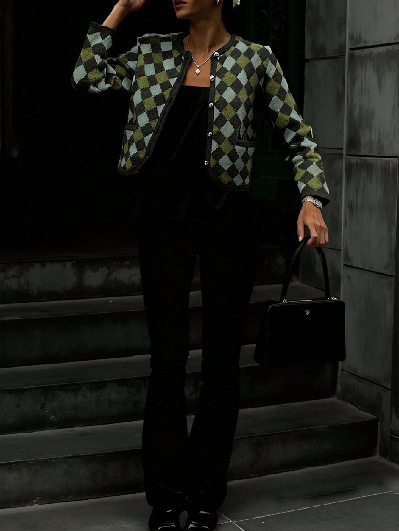 Cozy Argyle Pattern Knit Cardigan