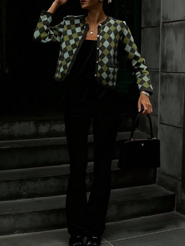 Cozy Argyle Pattern Knit Cardigan