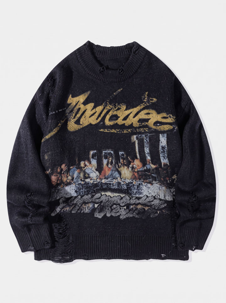 Distressed Graphic Print Oversized Sweater
