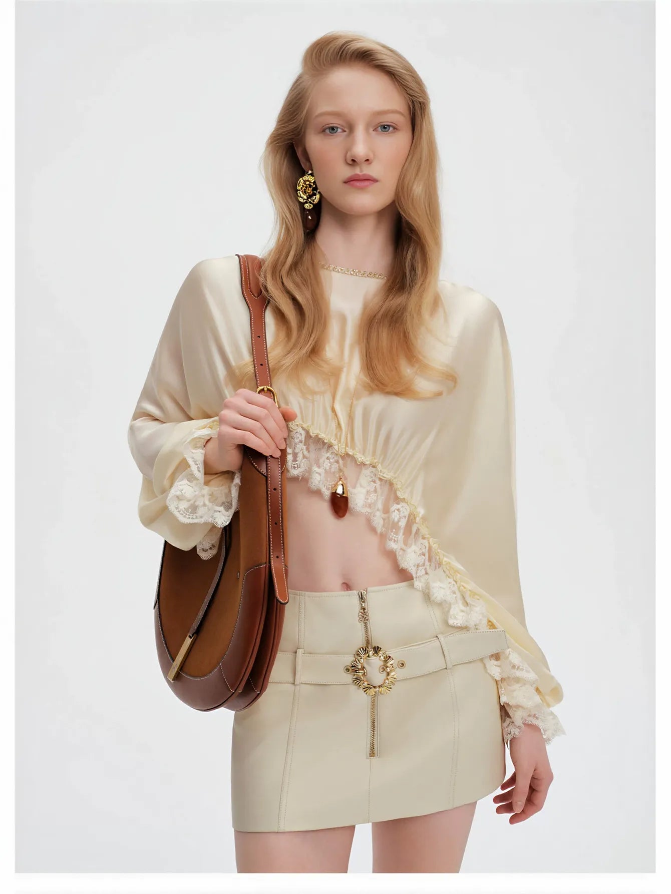 Lace Trim Cropped Satin Blouse