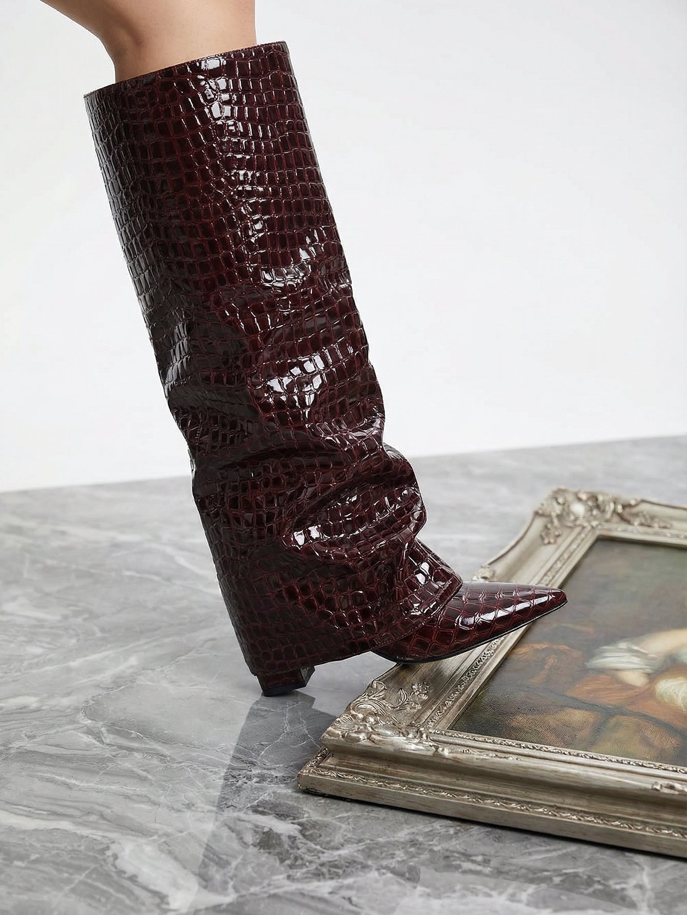 Croc-Embossed Pointed Toe Fashion Knee High Boots-Brown