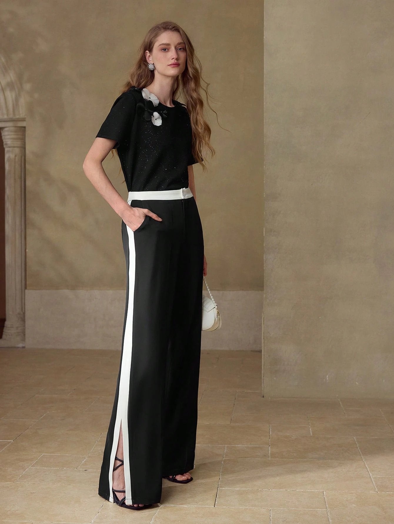 High-Waisted Side-Stripe Slit-Leg Modern Pants-Black
