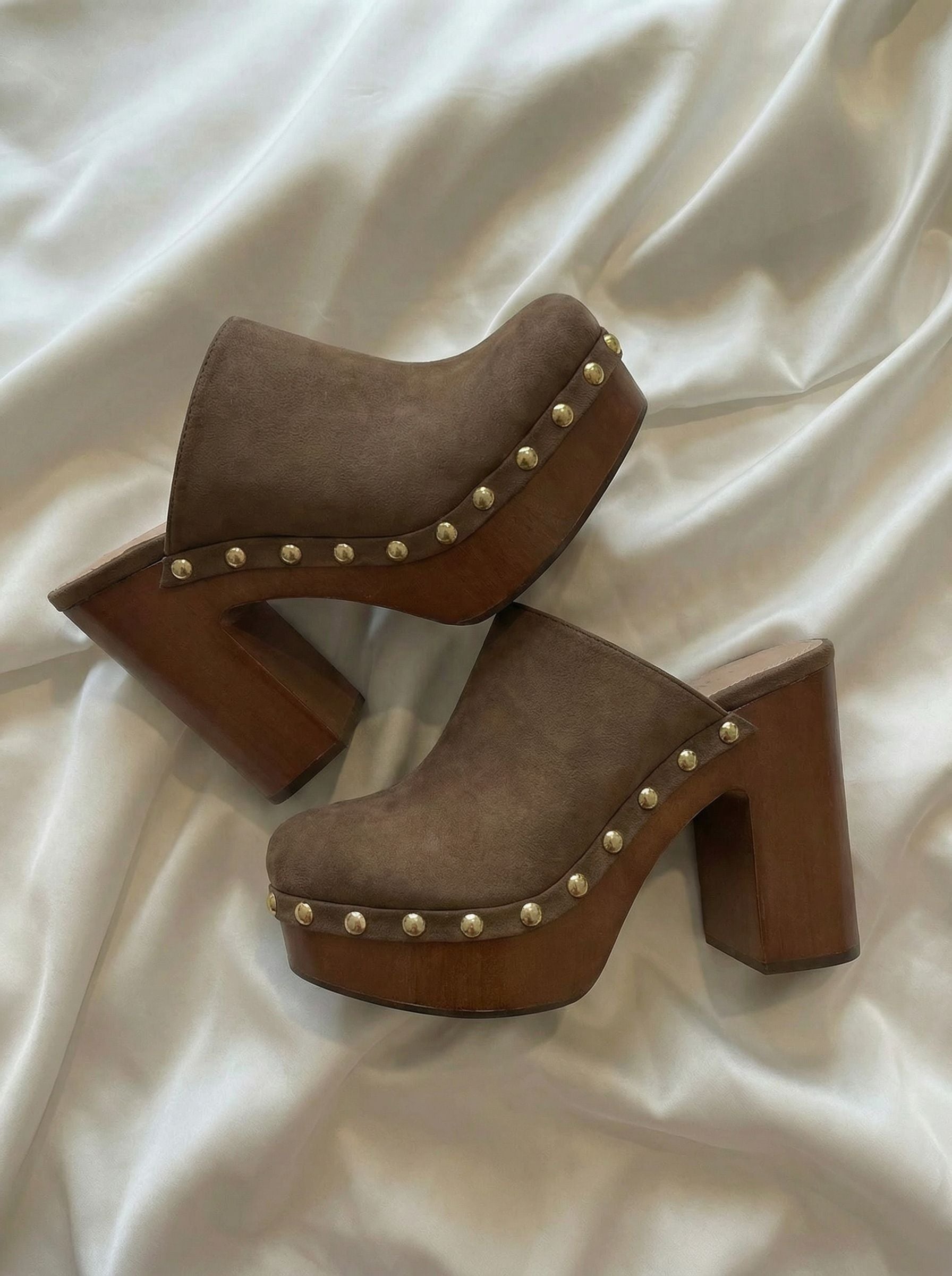 Wooden Heel Studded Edgy Heels