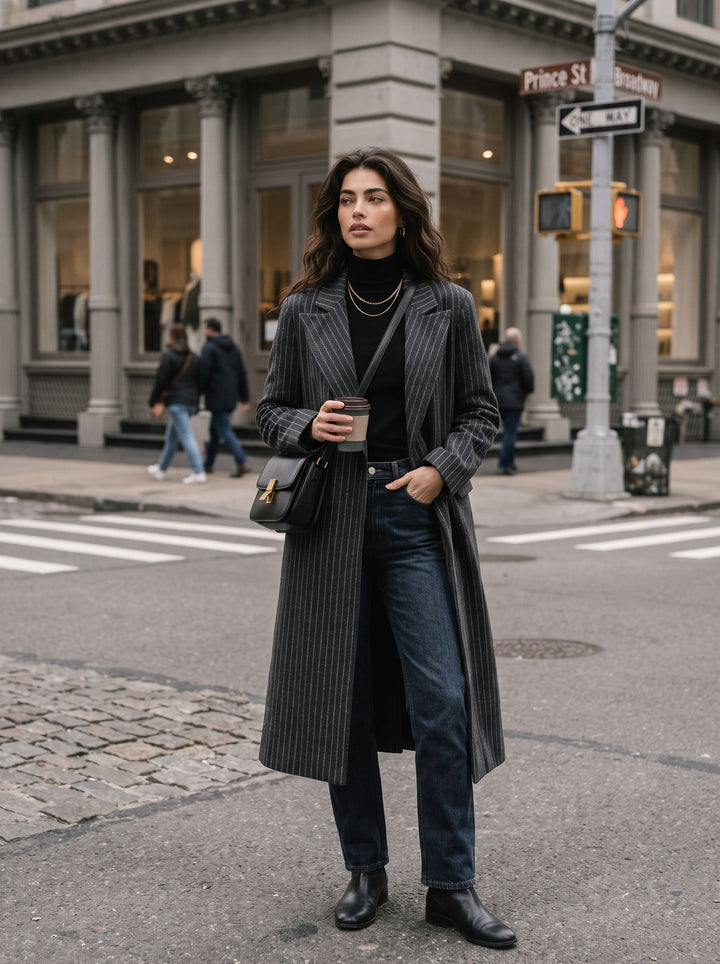 Double Breasted Striped Wool Coat