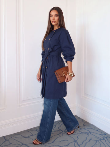 Double Breasted Belted Navy Trench Coat