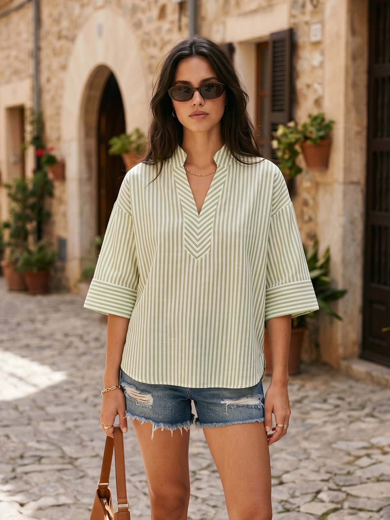 Casual Striped V Neck Chiffon Blouse
