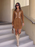 Embroidered Suede Button Down Mini Dress