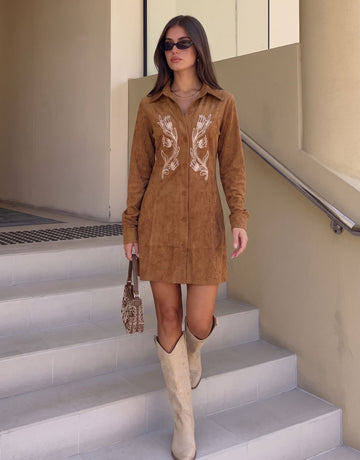 Embroidered Suede Button Down Mini Dress