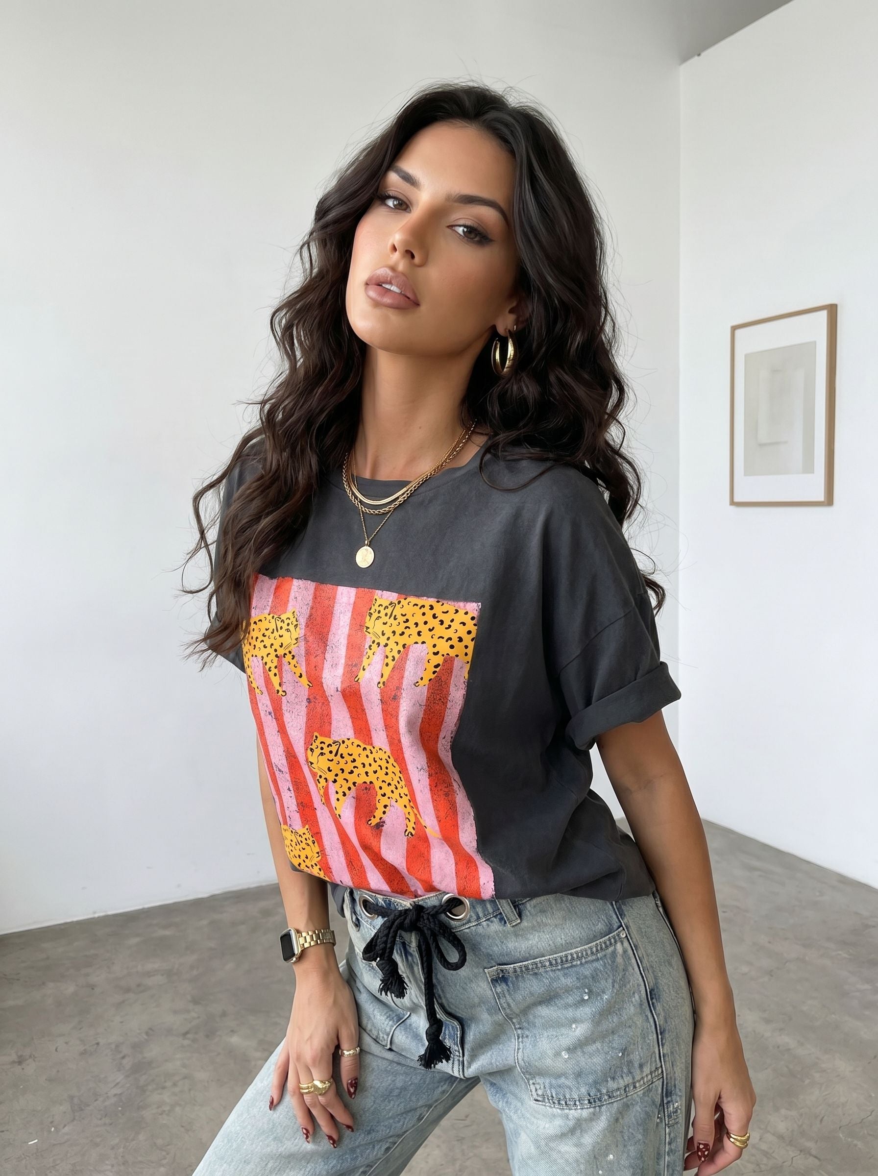 Oversized Leopard Print Graphic T Shirt