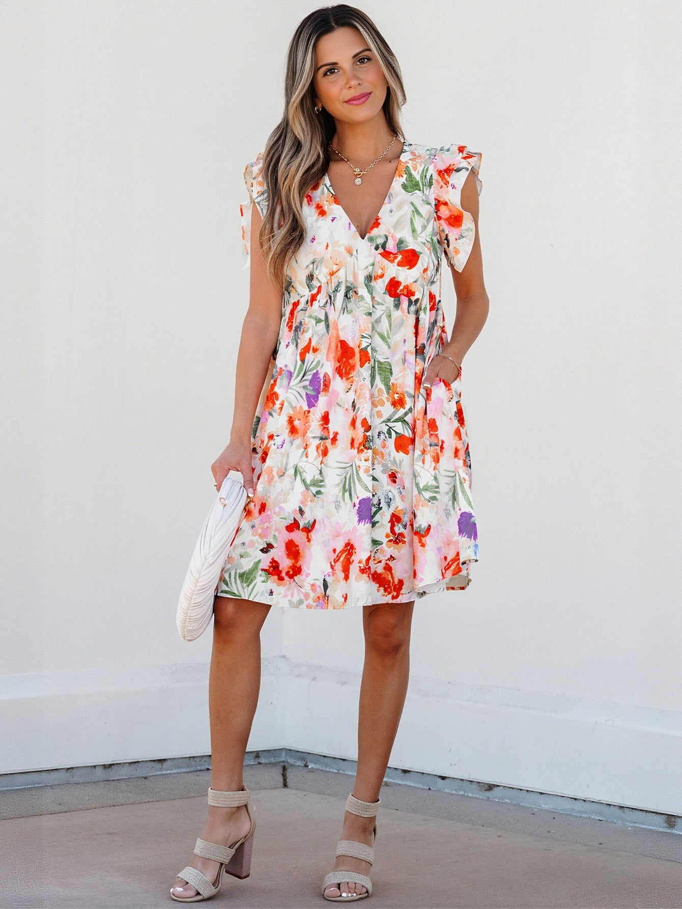 Floral Ruffle Sleeve V Neck Dress