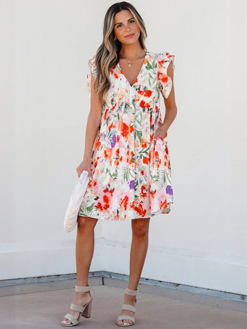 Floral Ruffle Sleeve V Neck Dress