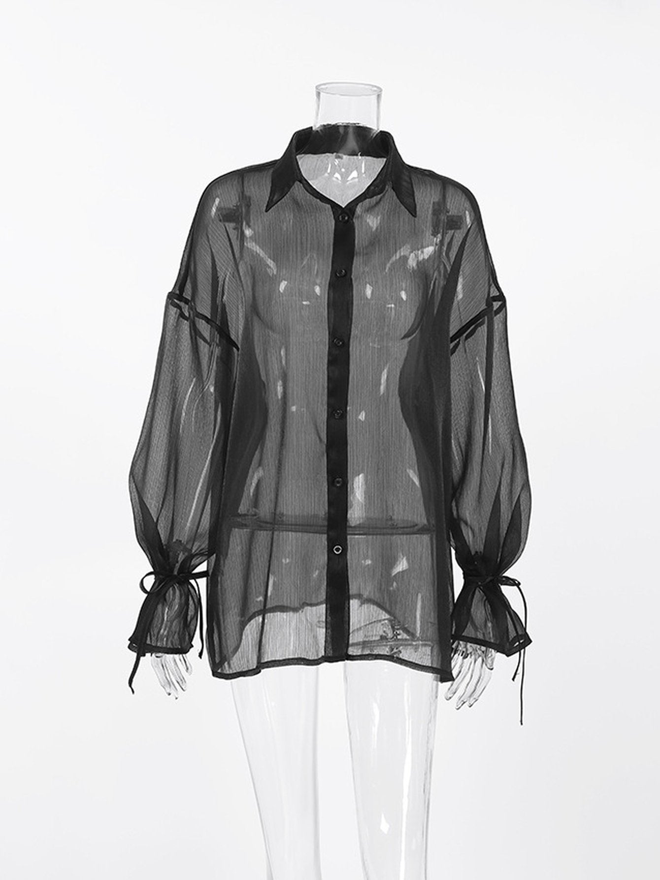 Sheer Balloon Sleeve Button Up Shirt