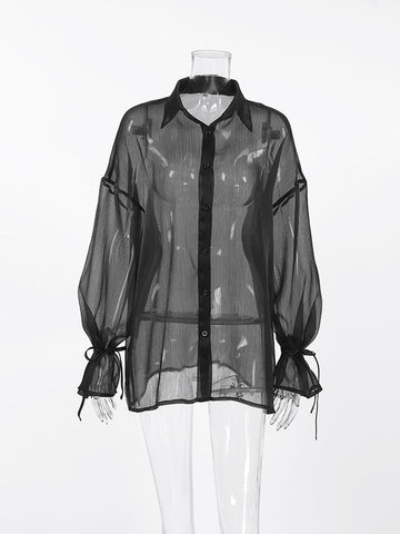 Sheer Balloon Sleeve Button Up Shirt