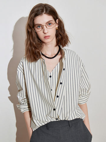 Vertical-Striped Button-Front Casual Shirt