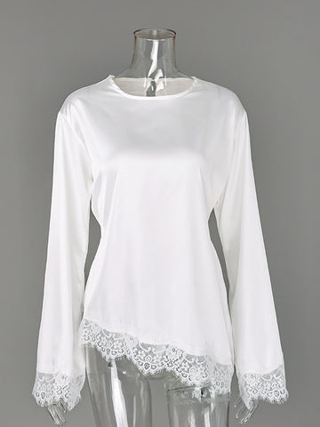 Elegant Lace Trim Satin Blouse