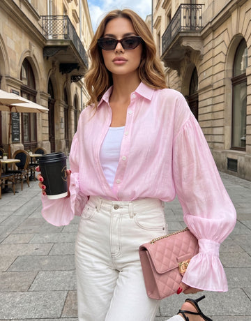 Sheer Oversized Balloon Sleeve Button Shirt
