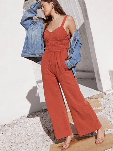 V Neck Pocket Detail Casual Jumpsuit-Multicolor