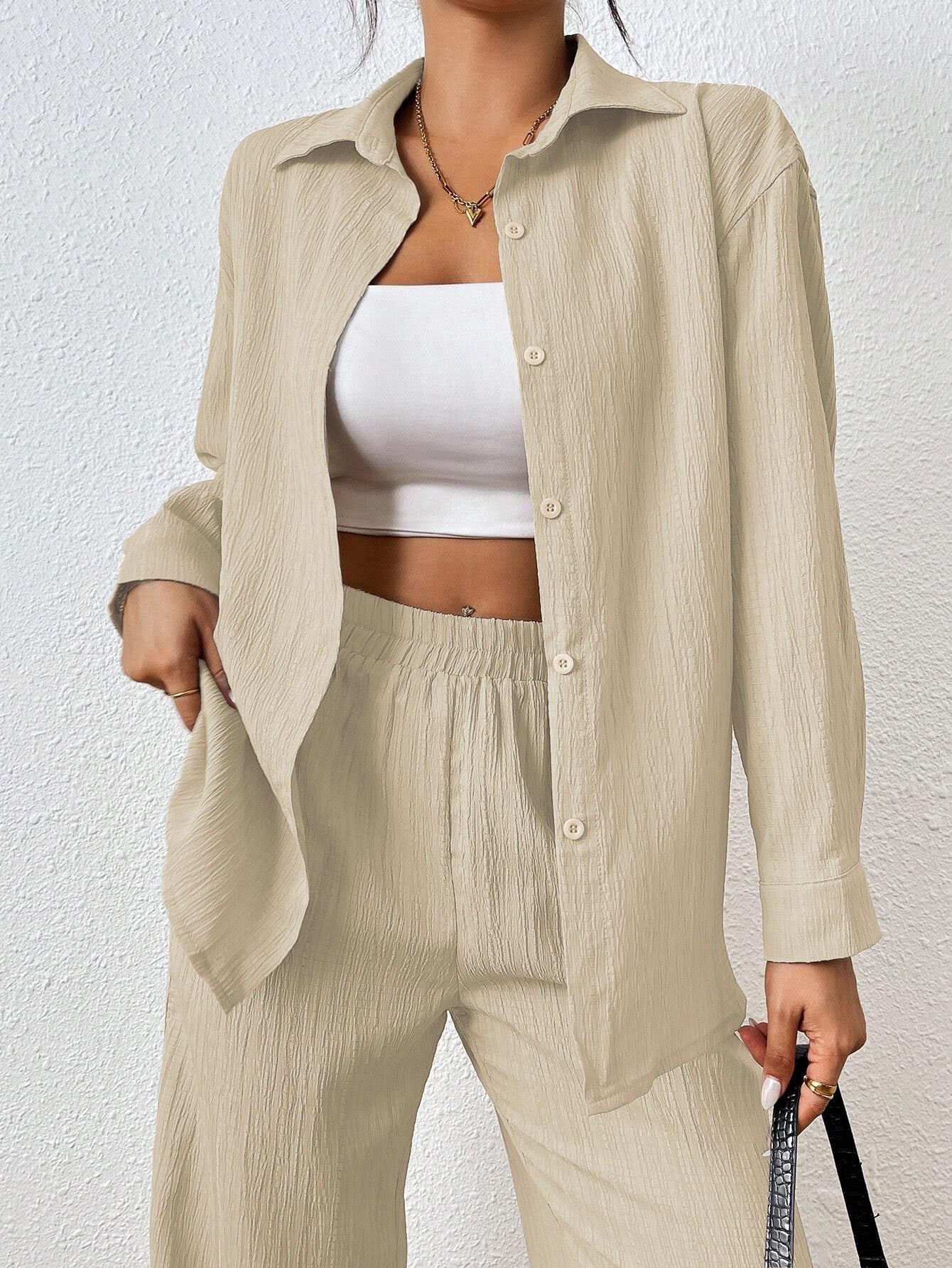 Casual Textured Wide Leg Pant Set