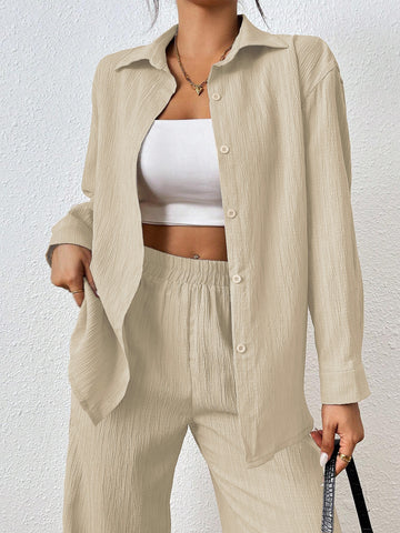 Casual Textured Wide Leg Pant Set
