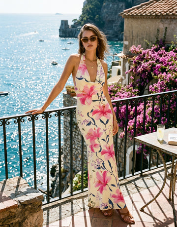 LILA Floral Print Cowl Neck Bodycon Midi Dress