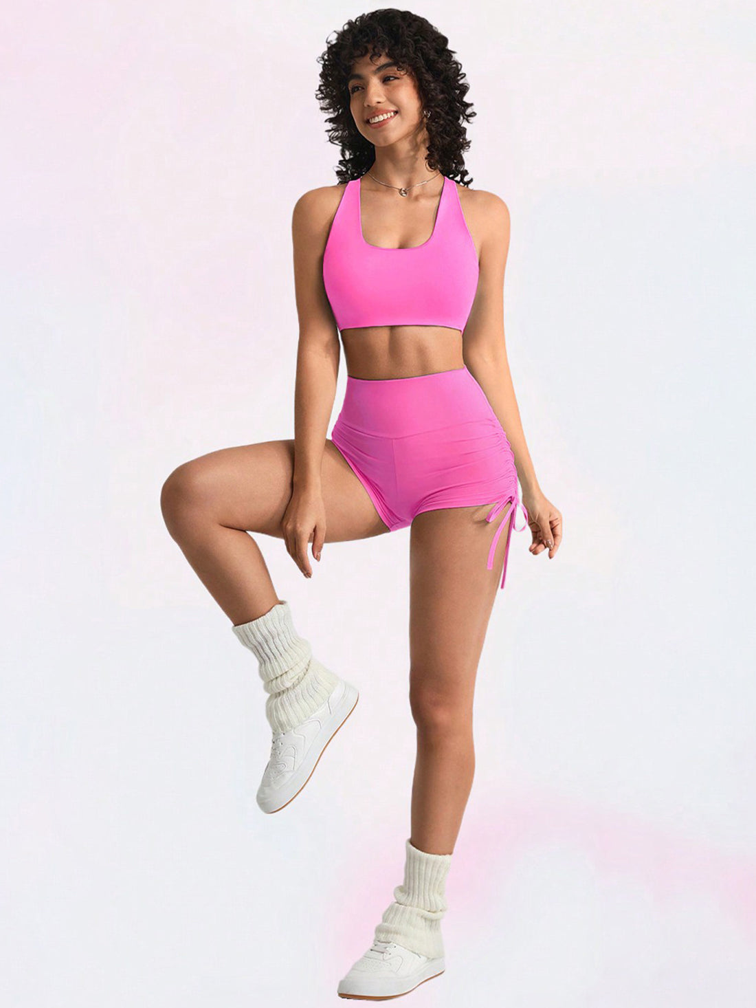 High-Waisted Side-Ruched Drawstring Athletic Shorts-Multicolor