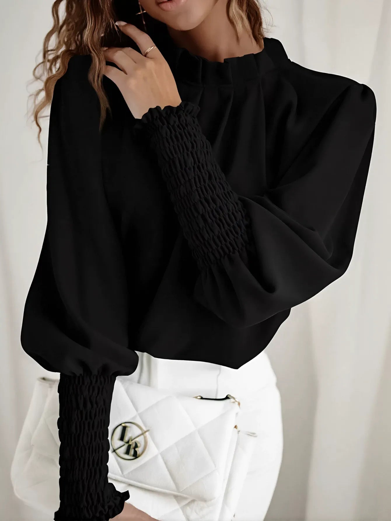 Elegant Pleated Smocked Cuff Blouse