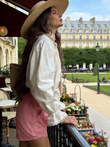 Lace Trim Puff Sleeve Button Shirt