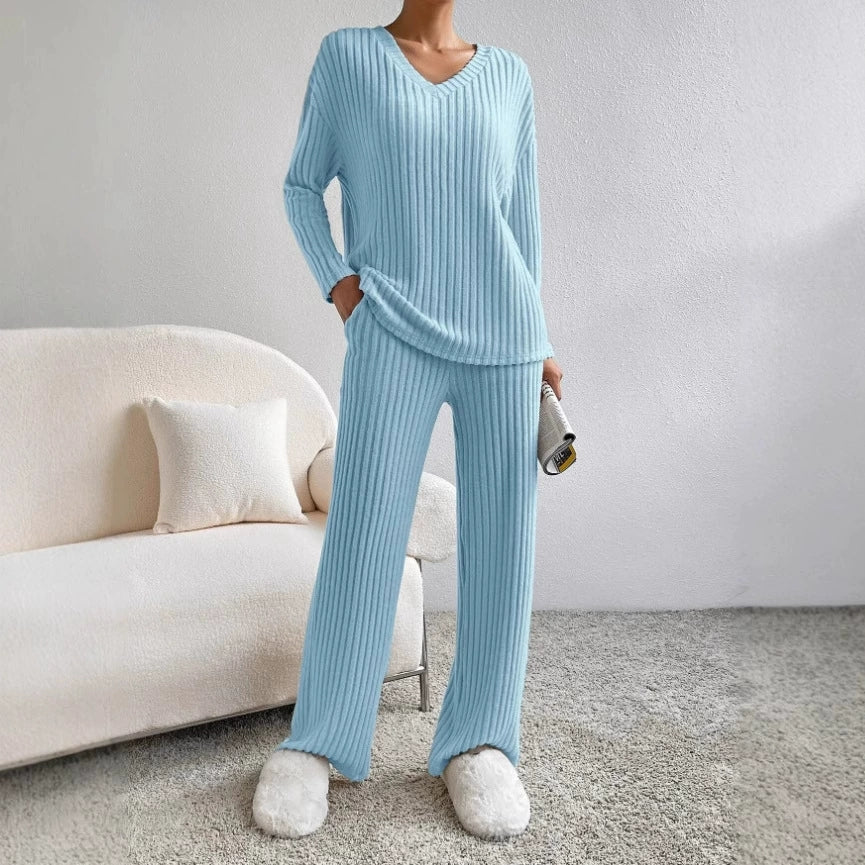 Cozy Ribbed V Neck Lounge Set