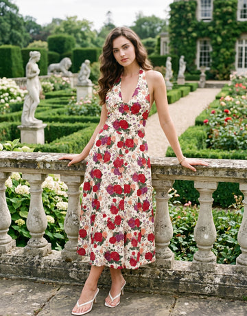 AURELIA Floral Print Halter Neck Tie Back Midi Dress
