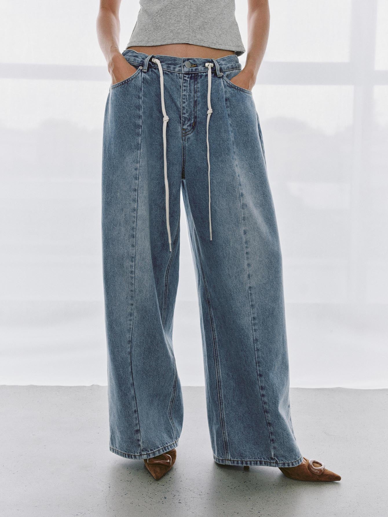 Urban Revivo Drawstring Seamed Straight Leg Jeans-Blue