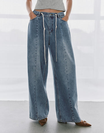 Urban Revivo Drawstring Seamed Straight Leg Jeans-Blue