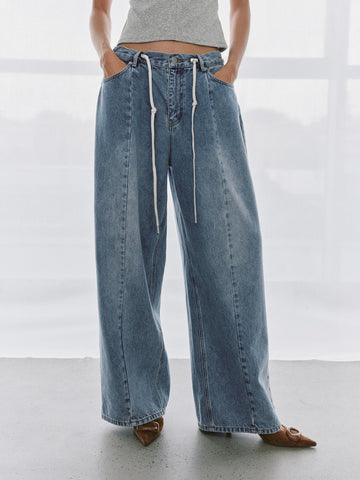 Urban Revivo Drawstring Seamed Straight Leg Jeans-Blue