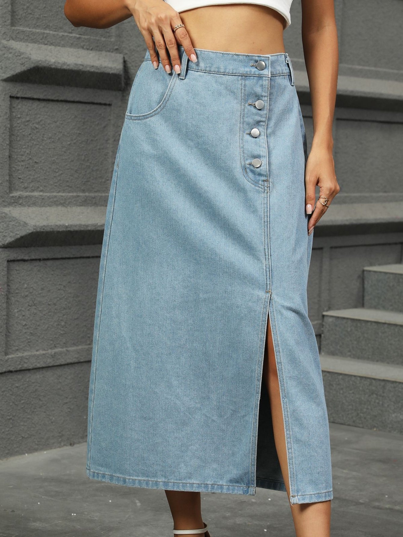High Waisted Button Front Denim Midi Skirt