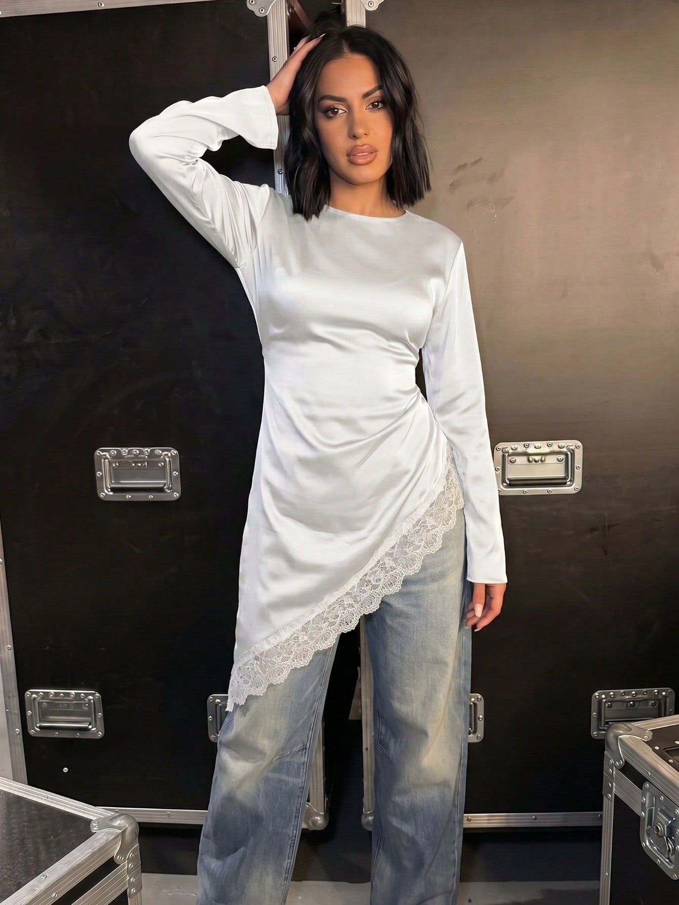 Asymmetric Lace Trim Long Sleeve Dress